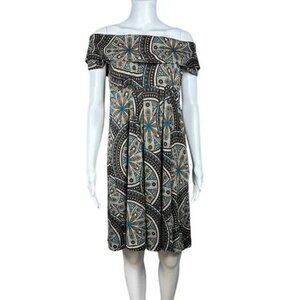 Jax Boho Off Shoulder Medallion Midi Dress Size 6 Brown Teal Lined